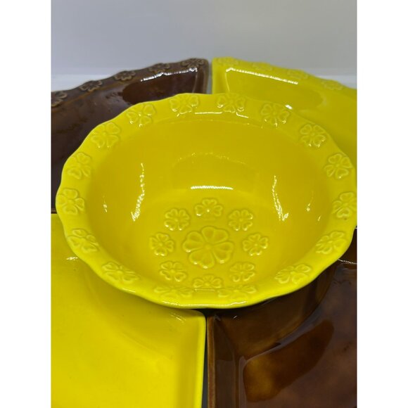 VTG California Pottery 5‑Piece Lazy Susan Chip & Dip Set – 12″ Brown Yellow USA - Picture 2 of 9